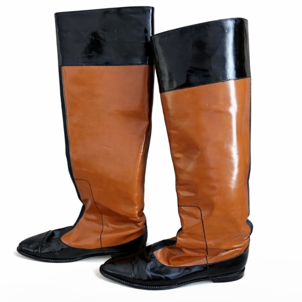 Derek Lam Italy Two Tone Patent Leather Knee High Boots Black Brown Pointed Toe - Picture 5 of 9